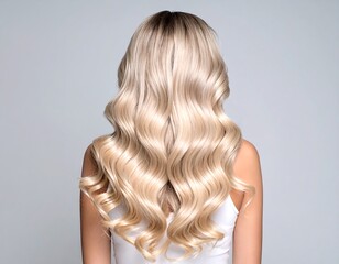 Fototapeta premium Long, wavy blonde hair cascading down a woman's back against a neutral backdrop