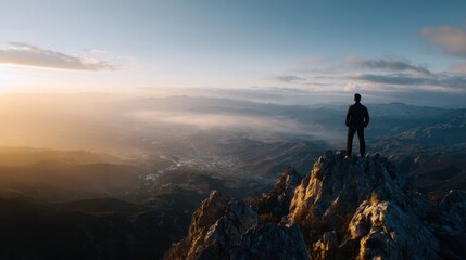 Obraz premium Business Leader on Mountain Top Overlooking Beautiful Valley Sunset