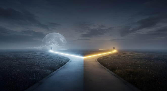 A glowing path splits, with the unchosen path fading into an ethereal ghost, a powerful metaphor for a major life choice and the lost potential of the road not taken.