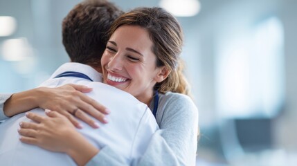 A healthcare professional shares a joyful embrace with a patient, conveying warmth and support. The interaction occurs inside a hospital, highlighting compassion and care