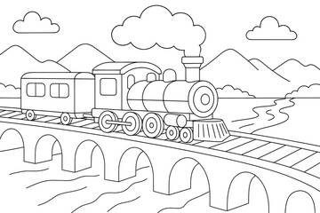 Naklejka premium A steam train crosses a scenic railway bridge over a river, with mountains in the distance and fluffy clouds above. A fun and adventurous coloring page for all ages