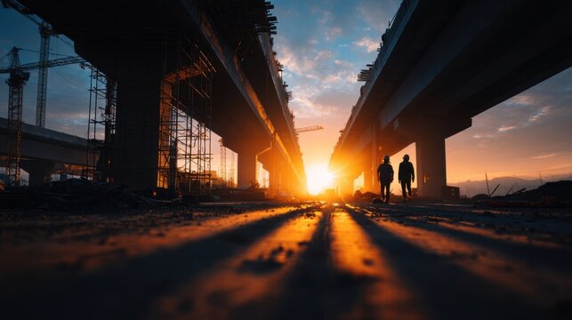 Engineers Inspecting Under Construction Bridge at Sunset - Powered by Adobe