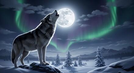 Majestic wolf howling at the moon under the mystical aurora borealis winter landscape