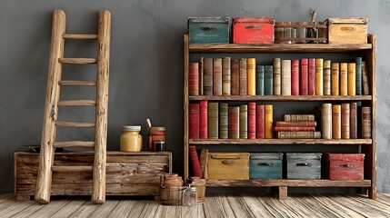 Fototapeta premium Elegant vintage library ladder leaning against tall bookshelves, with an upper blank wall area ready for text overlay or graphic insertion.