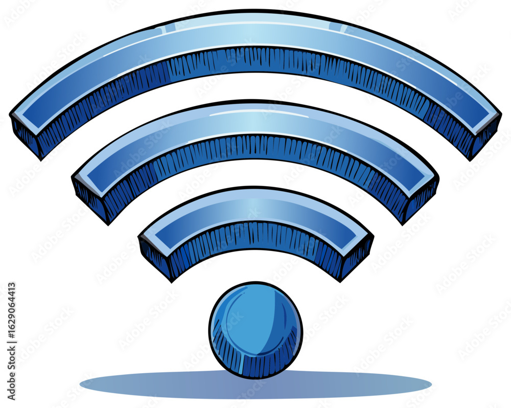 Poster stylized blue wifi wireless internet signal icon with three arcs and a circle point, representing co