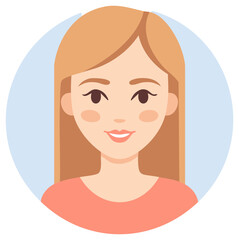 Cartoon portrait of a happy young woman with long light brown hair and a cheerful smile.