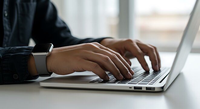 Person typing on laptop wearing smartwatch hands keyboard
