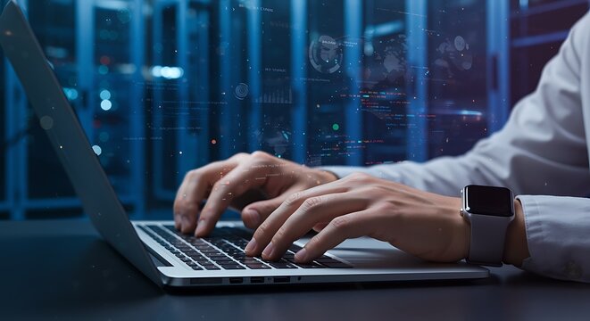 Person typing on laptop with digital data overlay hands