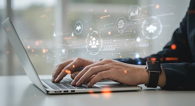 Person typing on laptop with digital interface hands