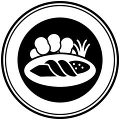 Food label design featuring a plate with fish and garnish  