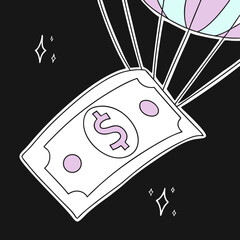 Dollar bill floating down from a colorful hot air balloon  