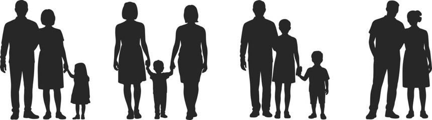 Silhouettes of family group parents, children, mother, father, kids holding hands, walking together, flat vector.eps