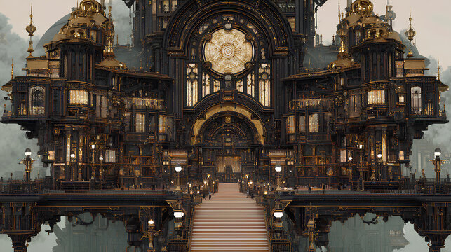 Intricate Black and Gold Architectural Fantasy Building - Powered by Adobe