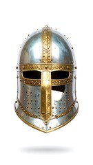 Medieval-style helmet, silver and gold, showing age and wear, a hole near the bottom