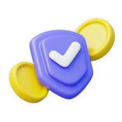 Purple shield with a white checkmark surrounded by two yellow coins