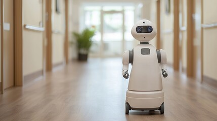Robotic assistance for elderly care in a nursing home, helping with mobility and companionship, compassionate technology.