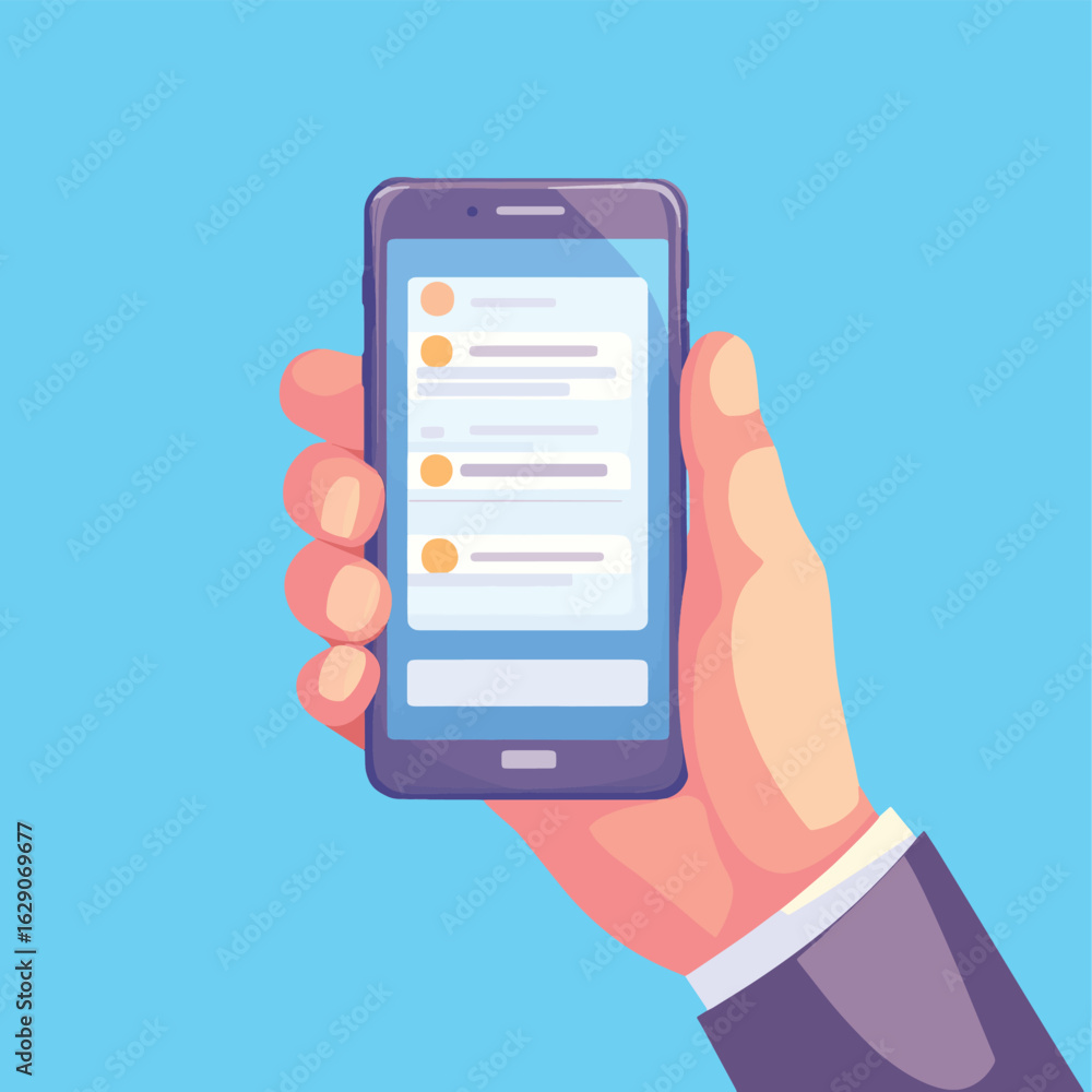 Poster hand holding smartphone with text messages. chatting, online conversation concept. mobile phone scre