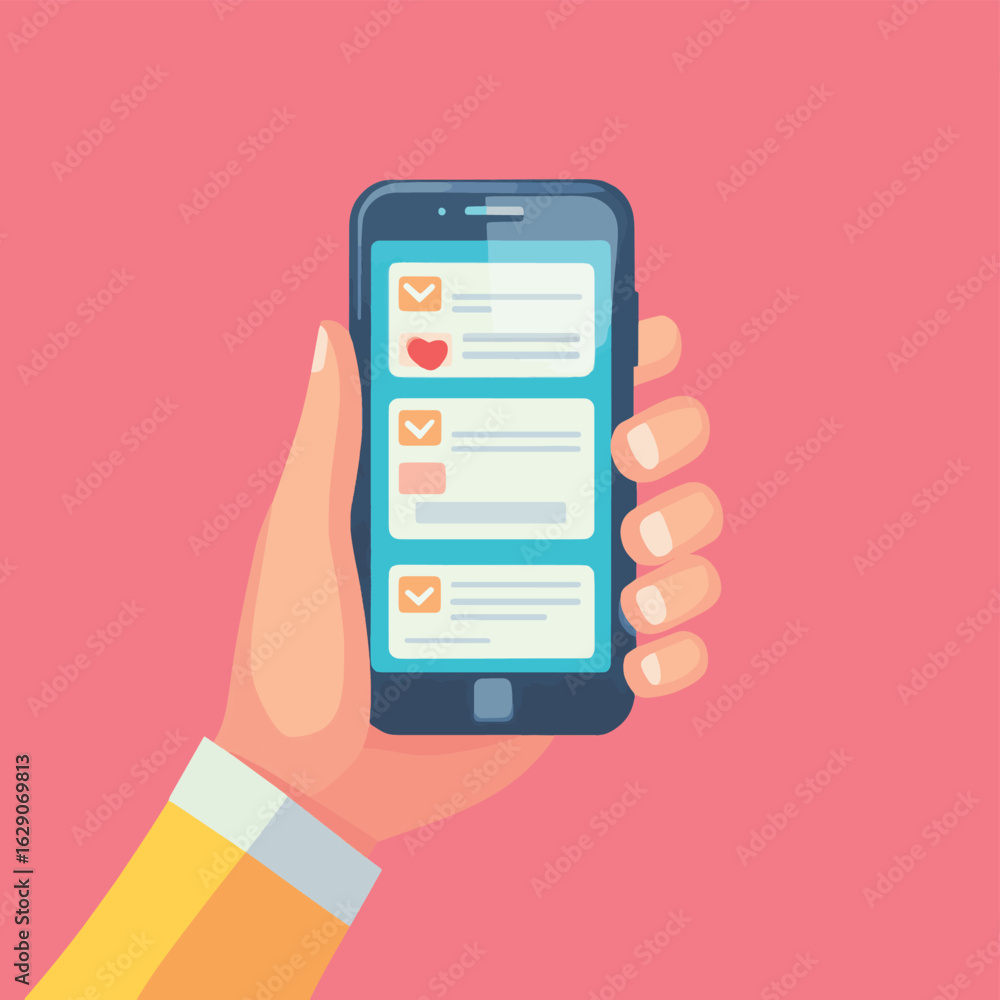 Poster hand holding smartphone with text messages. chatting, online conversation concept. mobile phone scre