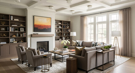 Spacious Modern Living Room with Neutral Tones Comfortable Sofas Fireplace Large Windows and Decorative Accents.