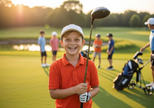 Young boy smiles holding golf club on sunny course