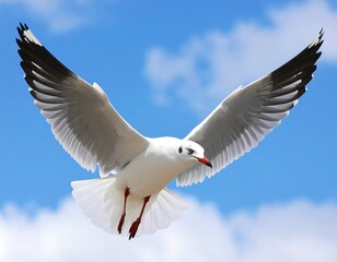 Fototapeta premium A white seabird with black wingtips soars against a vibrant blue sky dotted with fluffy white clouds