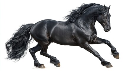 Fototapeta premium A black horse galloping isolated on white background