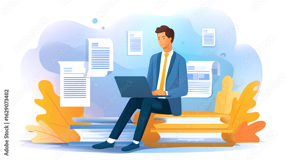 Poster Knowledge and information management. AI-driven automated knowledge discovery systems. Businessman using laptop computer to manage document and knowledge. Stock Illustration