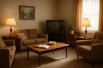 A quiet and nostalgic mid-century living room interior with classic furniture, a vintage television, and warm ambient lighting.