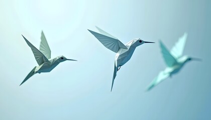 Obraz premium Three white hummingbirds in flight against a light blue sky