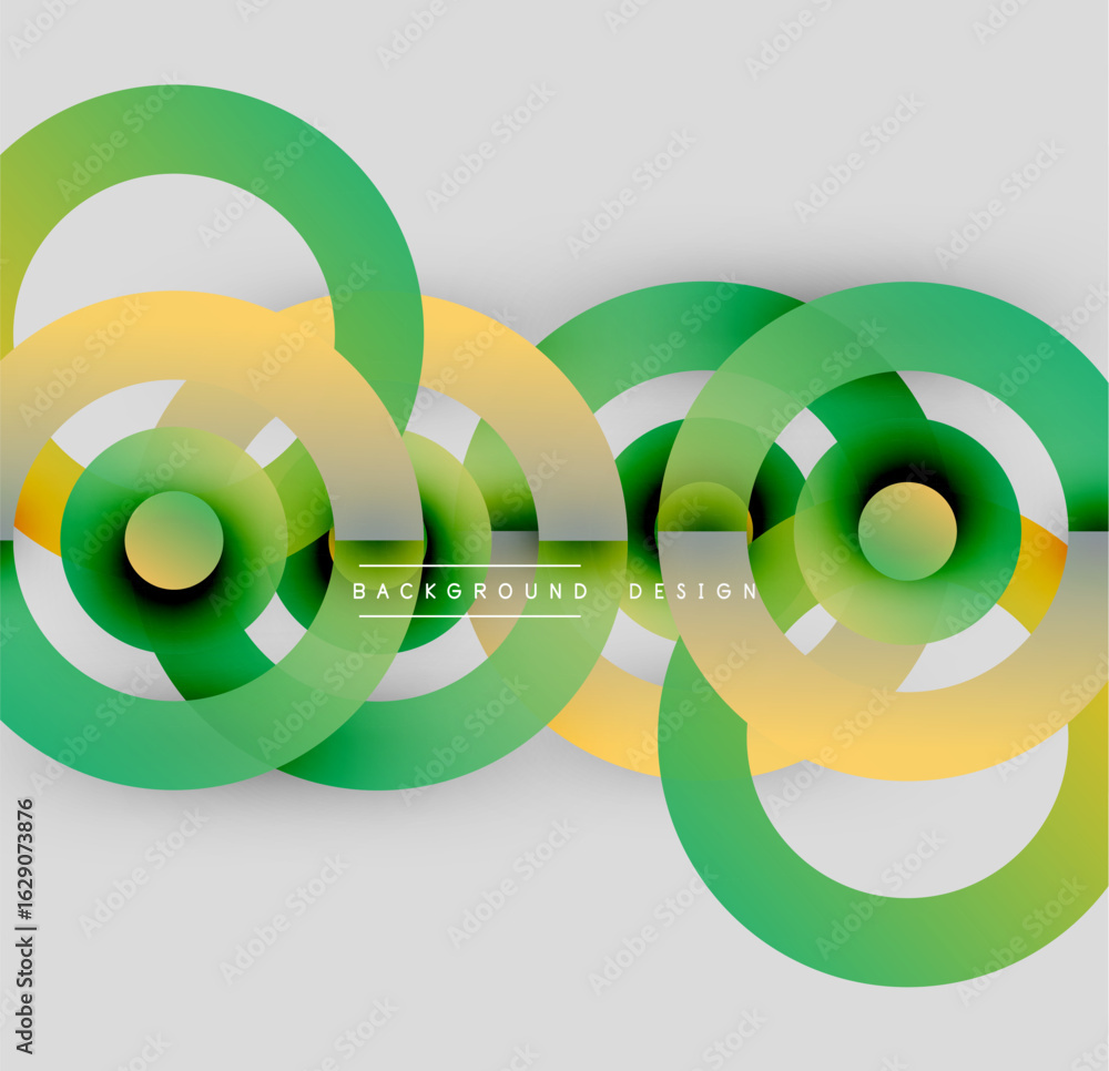 Poster abstract circles overlap, creating dynamic visual effect. green, yellow hues dominate neutral backdr