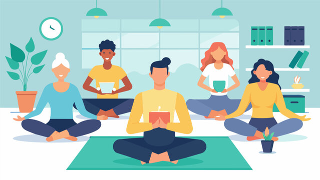 A group of coworkers participating in a gentle yoga session during their lunch break in the companys designated quiet room.. Vector illustration