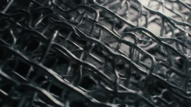 Close-up of a woven metallic wire mesh creating an abstract industrial pattern and texture.