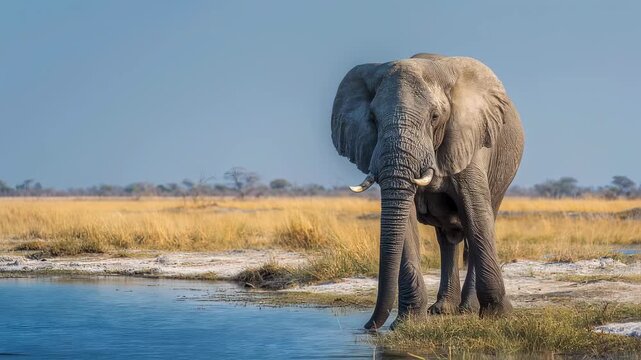 African elephant (loxodonta africana) standing at edge of savuti marsh waterhole in chobe national park, botswana, africa
