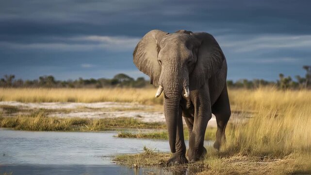 African elephant (loxodonta africana) standing at edge of savuti marsh waterhole in chobe national park, botswana, africa