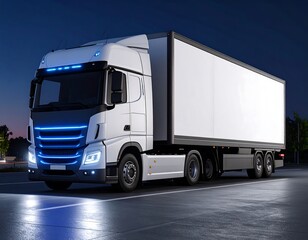 A white semi-truck with a blank trailer drives on a dark road at night