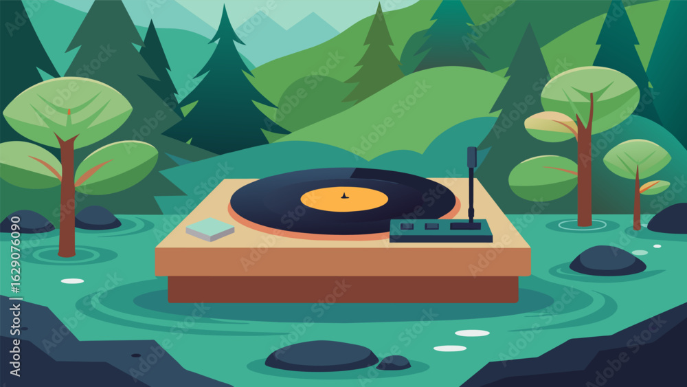 Poster a record player p on a smooth rock alongside a babbling brook adds a unique touch to a natural setti