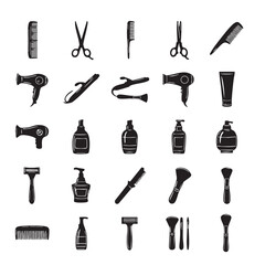 Set of black silhouette vector objects for hairdressing salon representing equipment for hair styling and care isolated on white background