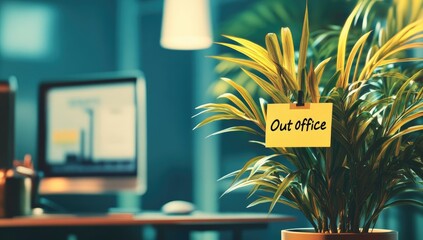 A photograph of an office environment with the words "Out Of Office" written on a sticky note attached to a computer screen, symbolizing a leave or sick day.
