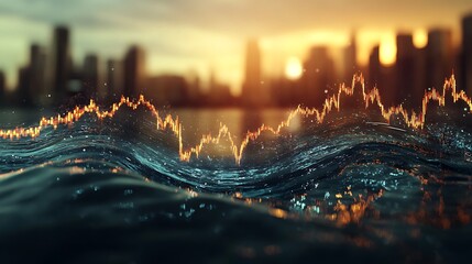 Financial trends on water at sunset