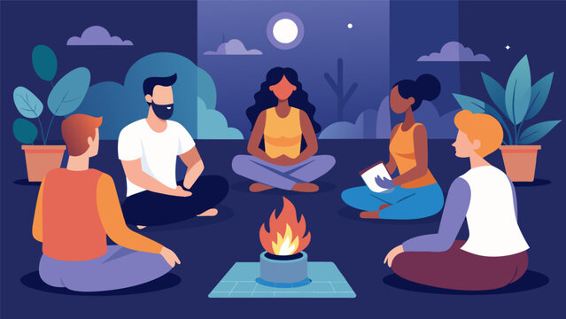 A cozy fireside chat brings the group together in the evening as they discuss the benefits of incorporating Pilates into their daily lives.. Vector illustration