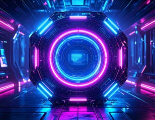 Futuristic portal in a neon-lit corridor