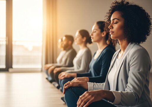 Diverse group meditating peacefully in bright modern office