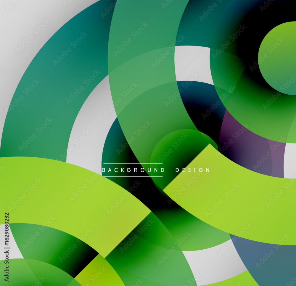 Poster abstract geometric composition. overlapping circles create dynamic visual effect. green, white, blac