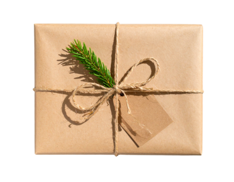 Rustic Christmas Gift Box Wrapped in Brown Kraft Paper with Twine Bow, Top-Down View, Isolated