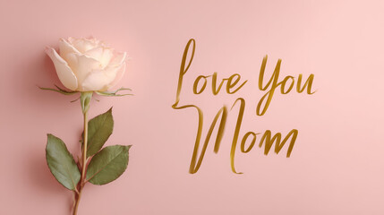 Obraz premium Minimalistic Mother's Day background with one rose, gold I love you mom lettering and soft pink background