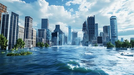 Flooded cityscape disaster scene