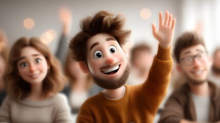 A group of animated characters with exaggerated features and expressions enthusiastically participating in a lively colorful or event