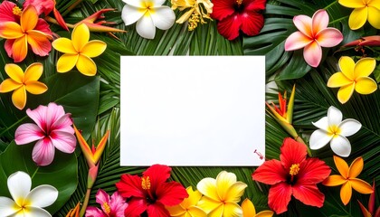 Fototapeta premium Vibrant summer flat lay of tropical flowers like hibiscus and plumeria on green palm leaves with blank paper for copy space.