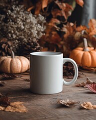 Mug mockup scene, white ceramic cup on wooden table, halloween props with pumpkins and fallen leaves around