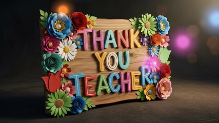 Colorful flower decorated sign with thank you teacher message for celebration or appreciation event